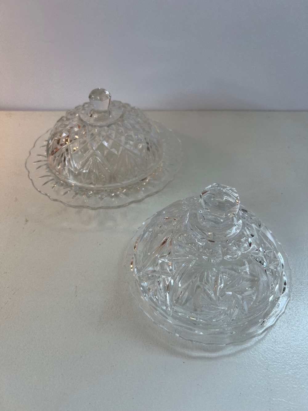 Set of 2 Different Vintage Clear Glass Covered Butter or Cheese Dishes